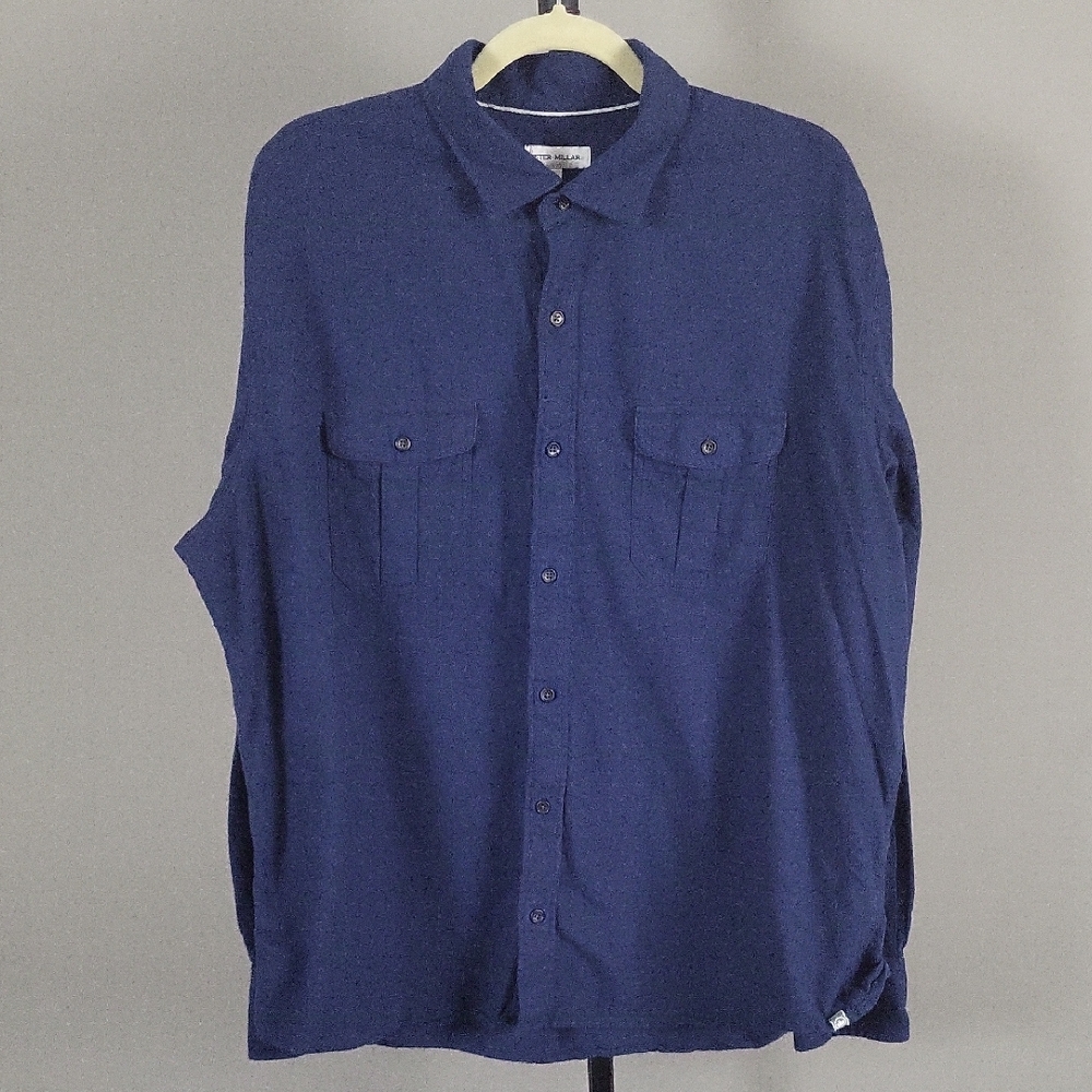 Peter Millar Men's Navy 100% Cotton Button Down Long Sleeve Shirt, Size XL